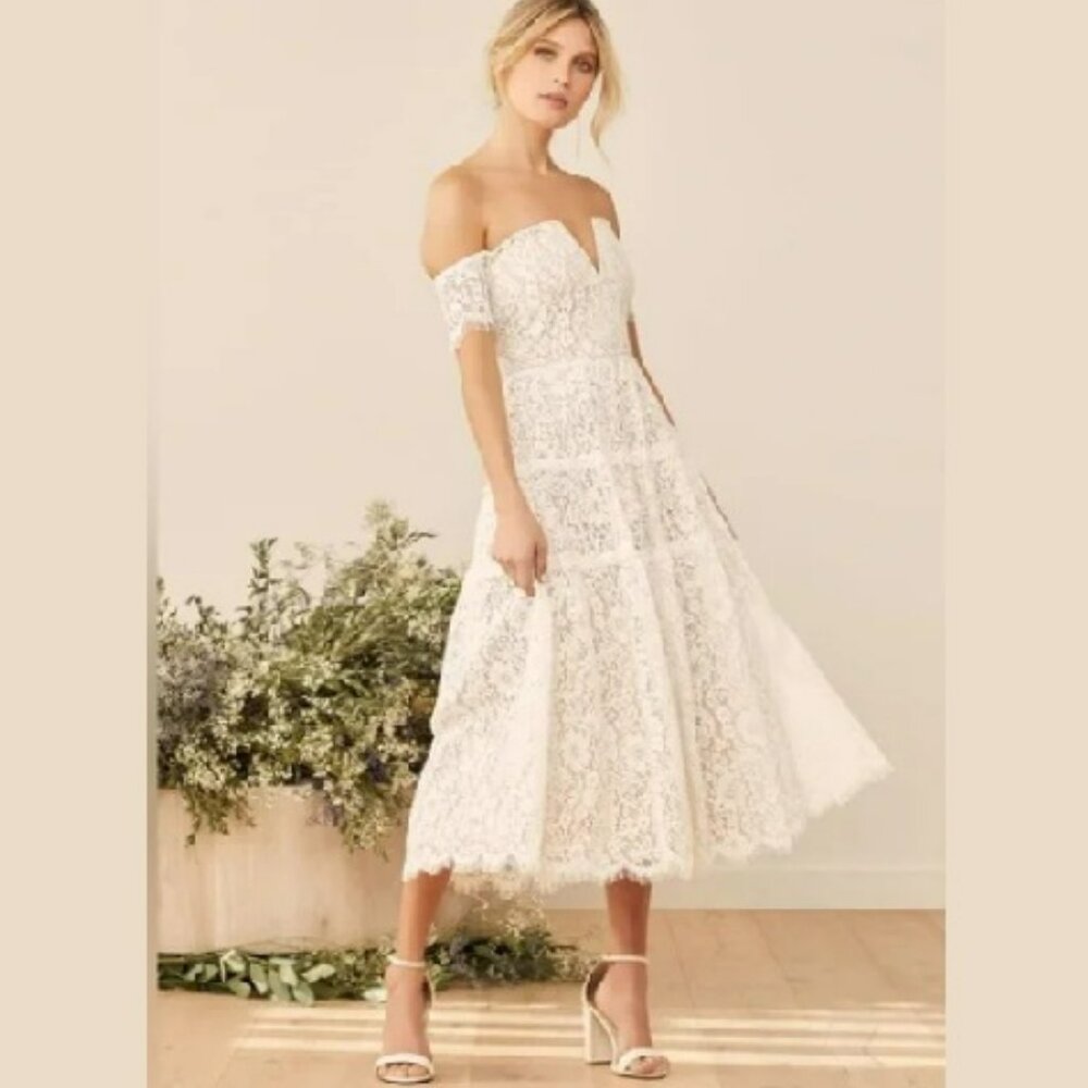 Lulus Absolutely Stunning White Lace Off-the-Shoulder Midi Dress Sz M